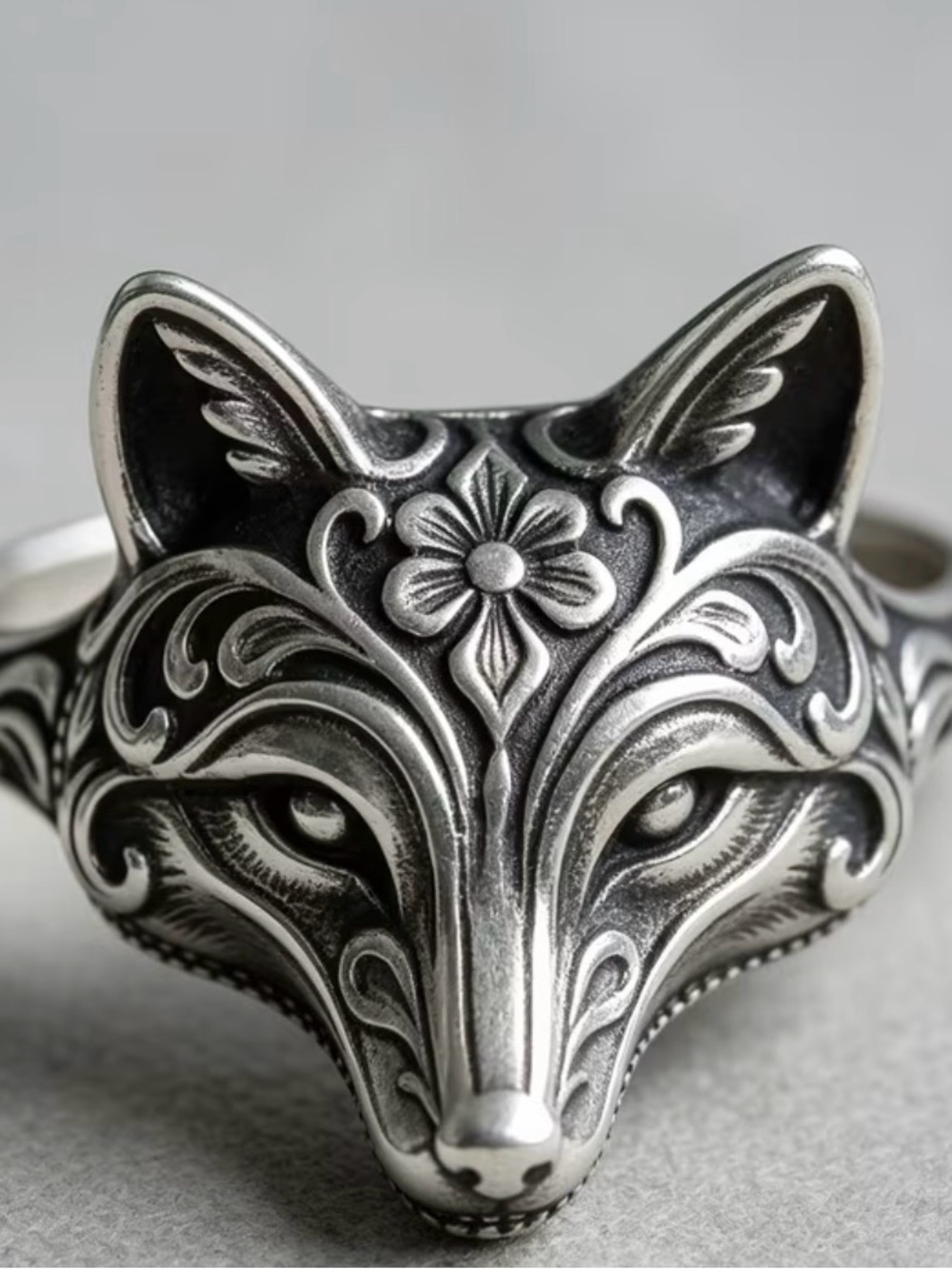 Oxidized Silver Fox Head Statement Ring - Women's Jewelry (very small)